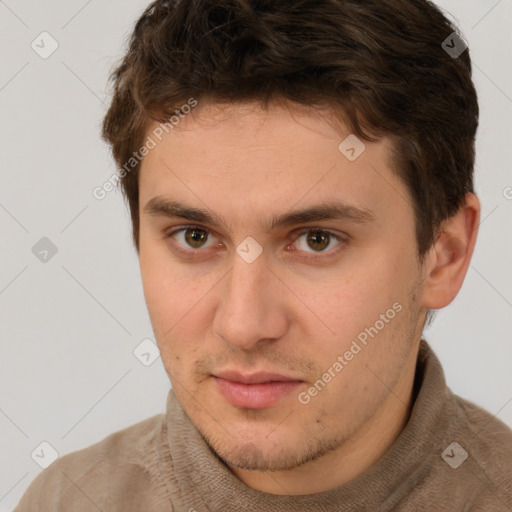 Neutral white young-adult male with short  brown hair and brown eyes