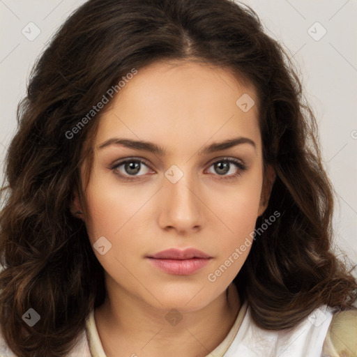 Neutral white young-adult female with medium  brown hair and brown eyes