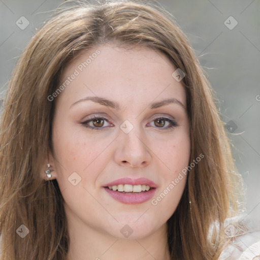 Joyful white young-adult female with medium  brown hair and green eyes