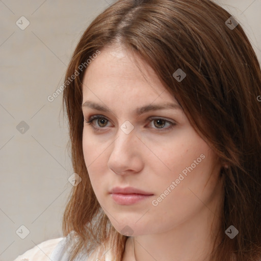 Neutral white young-adult female with medium  brown hair and brown eyes