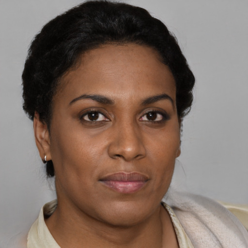 Joyful black young-adult female with short  brown hair and brown eyes
