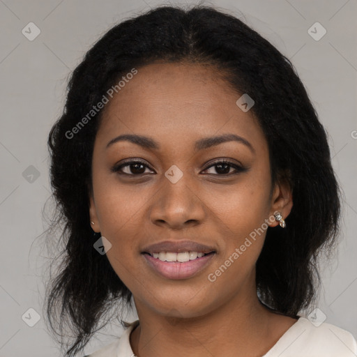 Joyful black young-adult female with medium  black hair and brown eyes