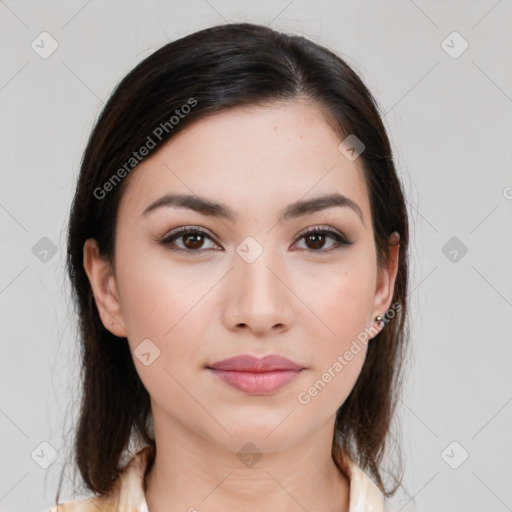 Neutral white young-adult female with medium  brown hair and brown eyes