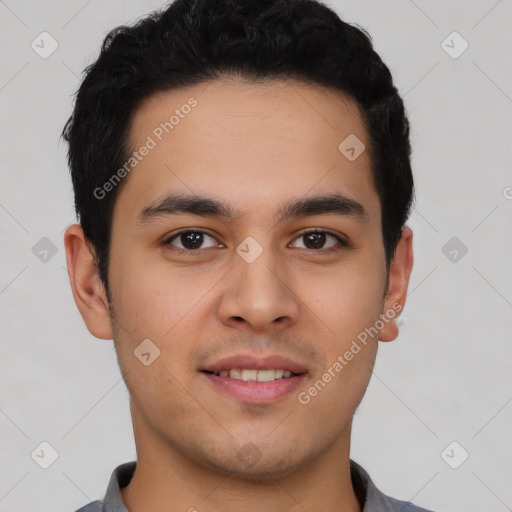 Joyful latino young-adult male with short  brown hair and brown eyes