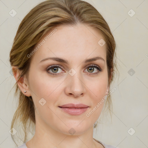 Joyful white young-adult female with medium  brown hair and green eyes