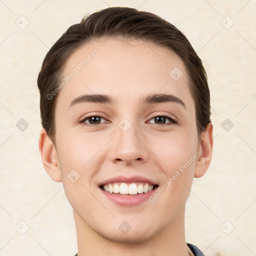 Joyful white young-adult female with short  brown hair and brown eyes