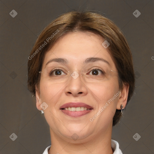 Joyful white adult female with short  brown hair and brown eyes