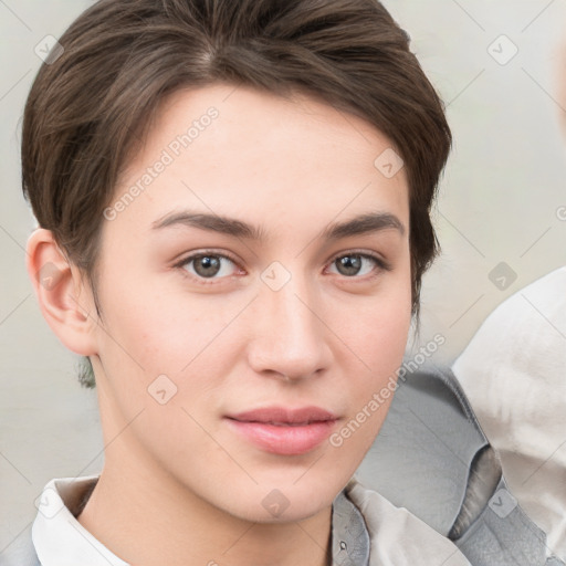 Neutral white young-adult female with medium  brown hair and brown eyes