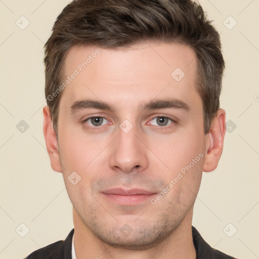 Neutral white young-adult male with short  brown hair and brown eyes