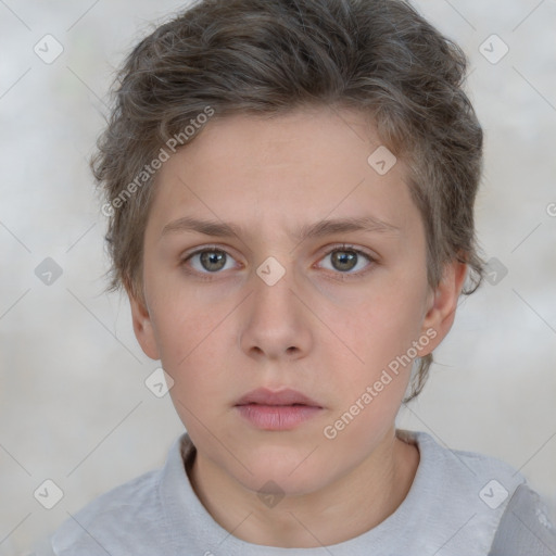 Neutral white young-adult female with short  brown hair and brown eyes