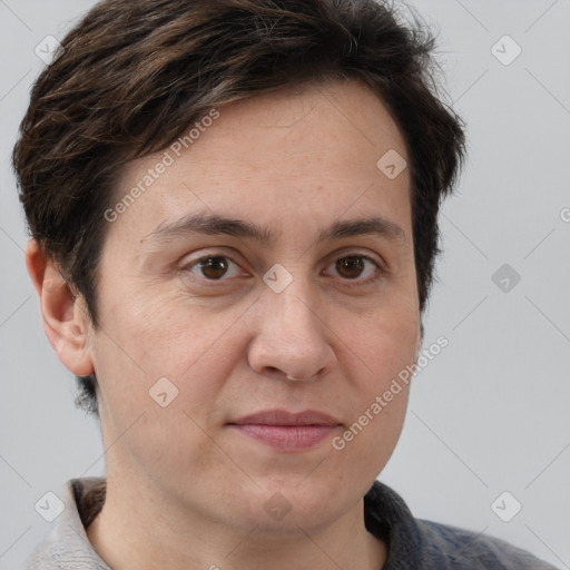 Joyful white adult female with short  brown hair and brown eyes