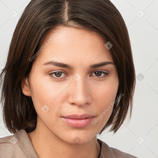 Neutral white young-adult female with medium  brown hair and brown eyes