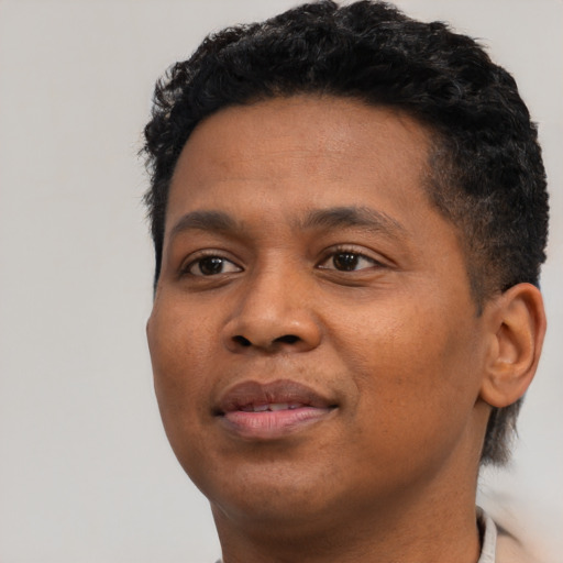 Joyful black young-adult male with short  black hair and brown eyes