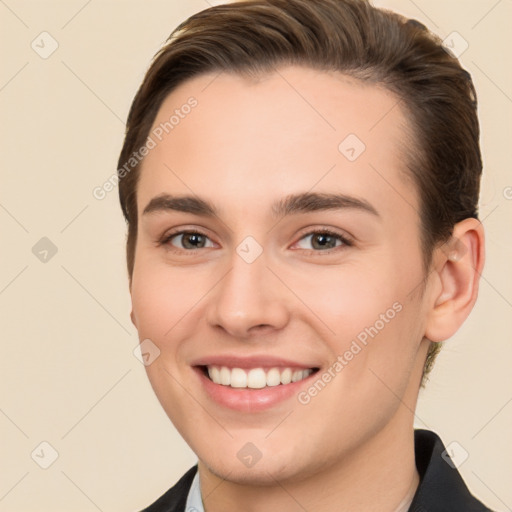 Joyful white young-adult female with short  brown hair and brown eyes