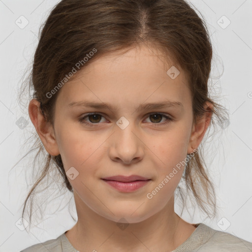 Joyful white child female with medium  brown hair and brown eyes