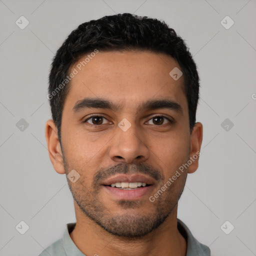 Neutral latino young-adult male with short  black hair and brown eyes