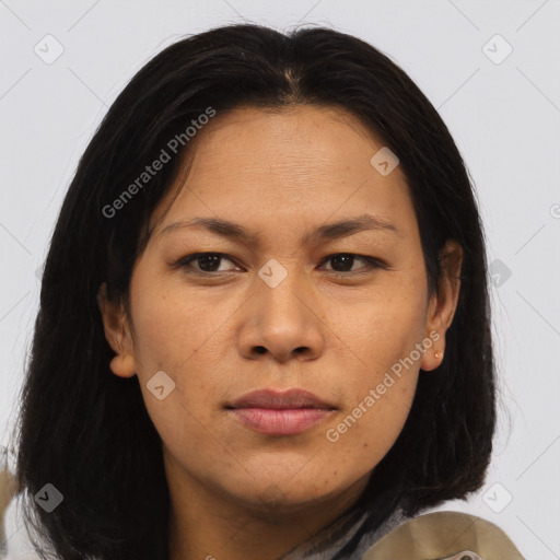 Neutral asian young-adult female with medium  brown hair and brown eyes