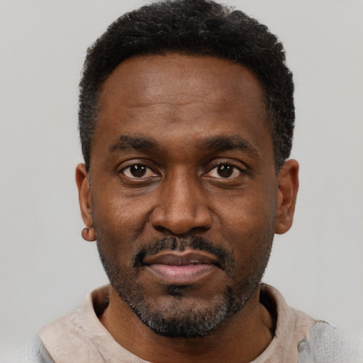 Neutral black adult male with short  black hair and brown eyes