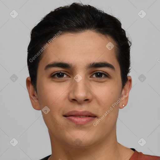 Joyful white young-adult male with short  brown hair and brown eyes