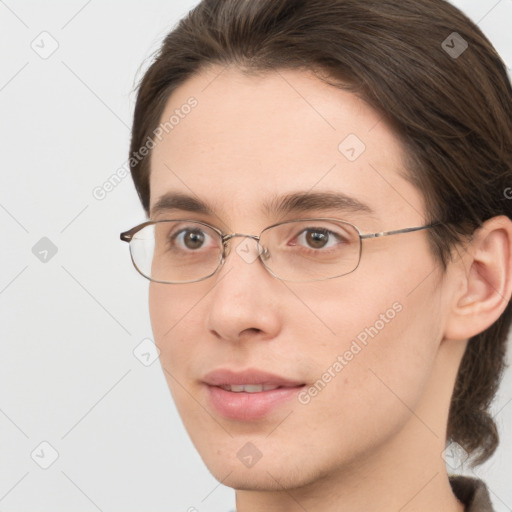 Joyful white young-adult male with medium  brown hair and brown eyes