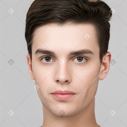 Neutral white young-adult male with short  brown hair and brown eyes