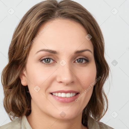 Joyful white young-adult female with medium  brown hair and green eyes