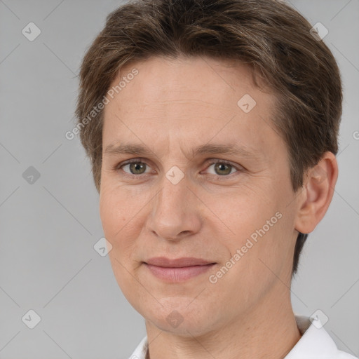 Joyful white adult female with short  brown hair and brown eyes