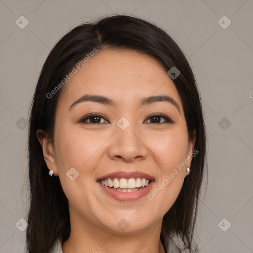 Joyful white young-adult female with medium  brown hair and brown eyes