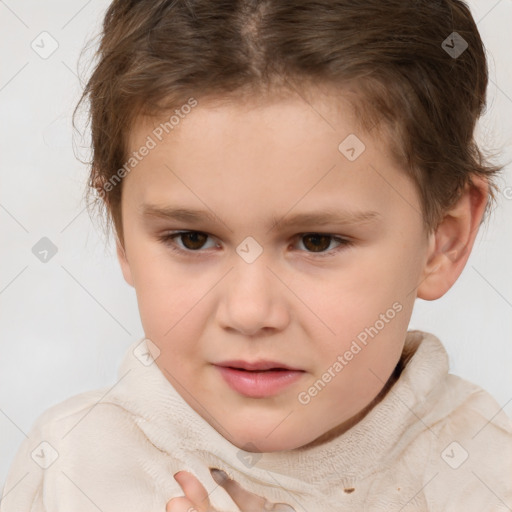 Joyful white child female with short  brown hair and brown eyes