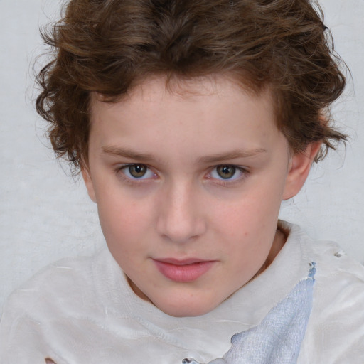 Neutral white child female with medium  brown hair and blue eyes