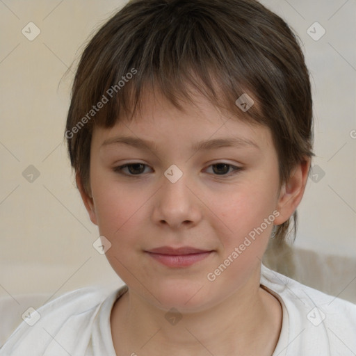 Joyful white child female with short  brown hair and brown eyes