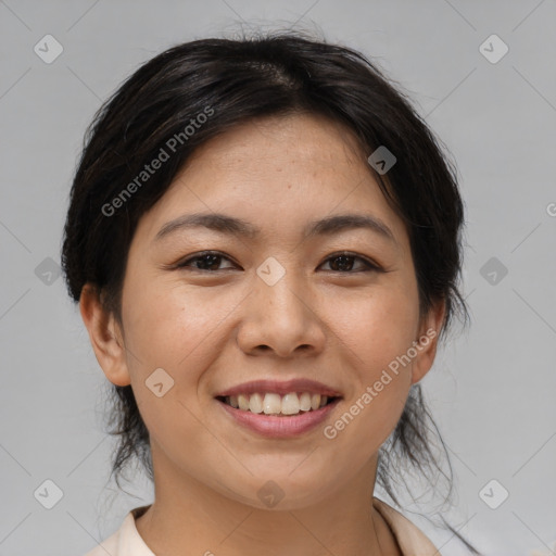 Joyful white young-adult female with medium  brown hair and brown eyes