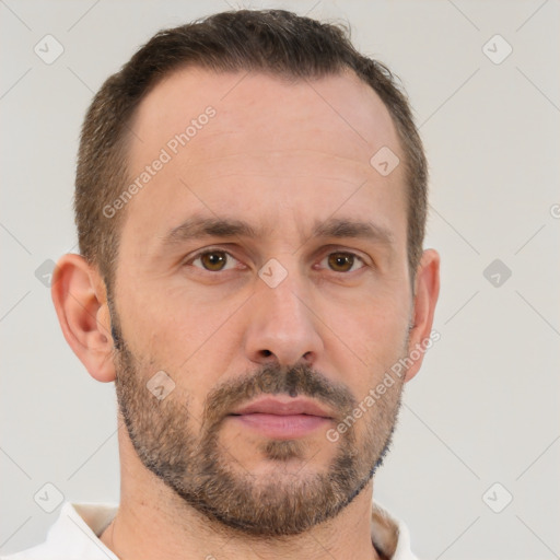 Neutral white adult male with short  brown hair and brown eyes