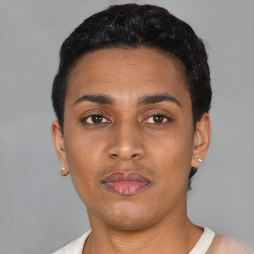 Neutral latino young-adult female with short  black hair and brown eyes