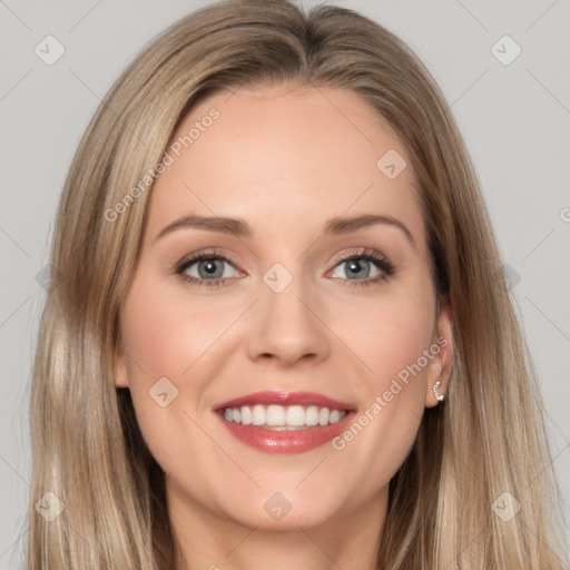 Joyful white young-adult female with long  brown hair and grey eyes