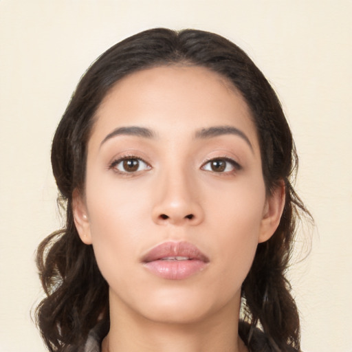 Neutral asian young-adult female with long  brown hair and brown eyes