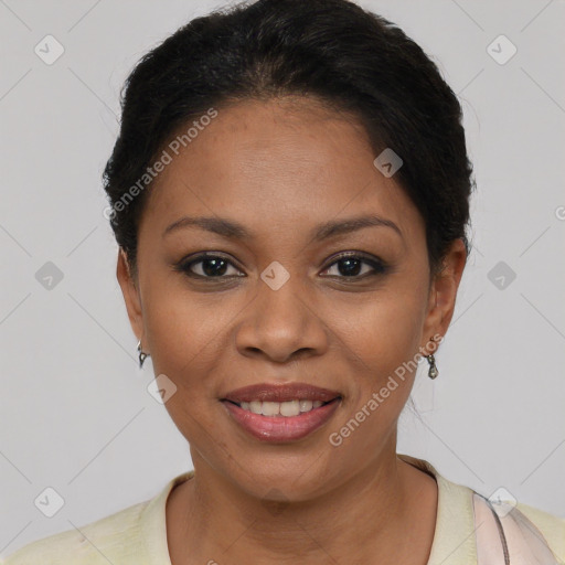 Joyful latino young-adult female with short  brown hair and brown eyes