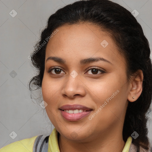 Joyful latino young-adult female with medium  brown hair and brown eyes