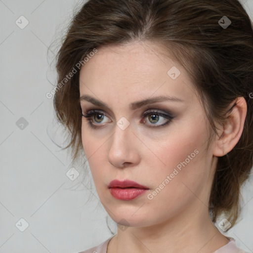 Neutral white young-adult female with medium  brown hair and brown eyes