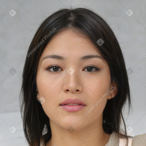 Neutral asian young-adult female with medium  brown hair and brown eyes