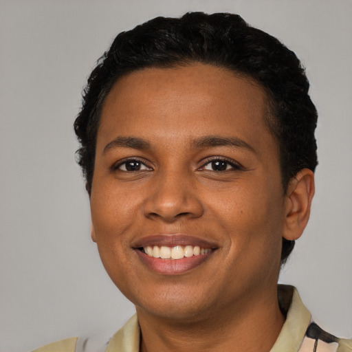 Joyful black young-adult female with short  brown hair and brown eyes