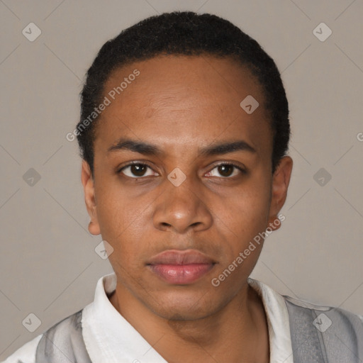 Neutral black young-adult male with short  black hair and brown eyes