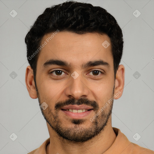 Joyful latino young-adult male with short  black hair and brown eyes