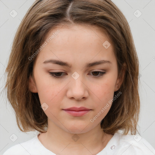 Joyful white child female with medium  brown hair and brown eyes