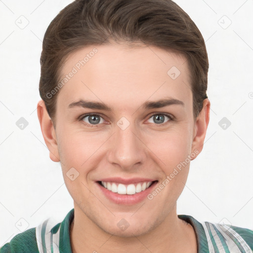 Joyful white young-adult female with short  brown hair and grey eyes