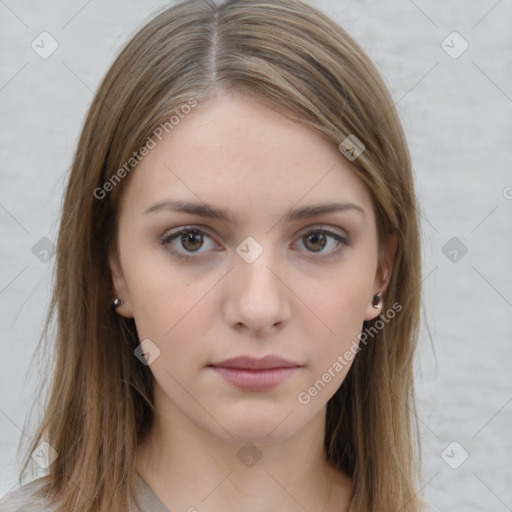 Neutral white young-adult female with medium  brown hair and brown eyes