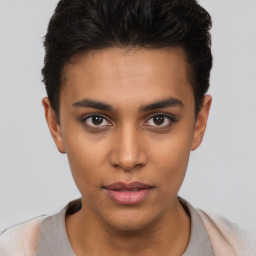 Neutral latino young-adult male with short  brown hair and brown eyes