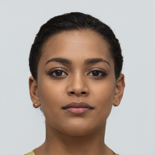 Neutral latino young-adult female with short  brown hair and brown eyes