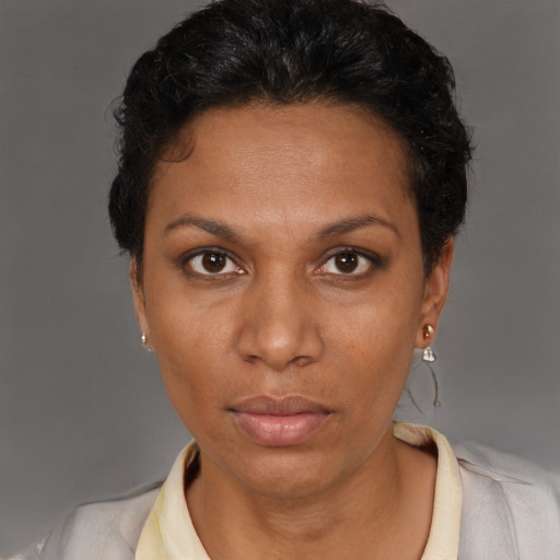 Neutral black young-adult female with short  brown hair and brown eyes