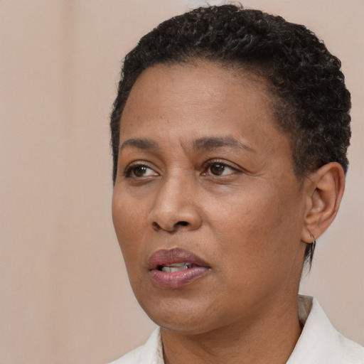 Neutral black adult female with short  brown hair and brown eyes